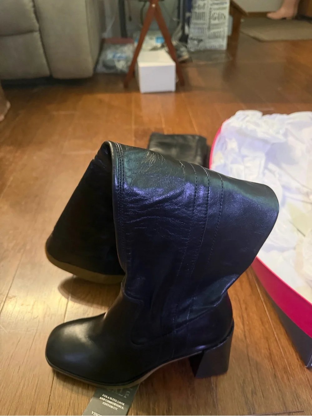 Vince Camuto Wide Calf Black Knee-High Leather Boots | Block Heel | Size 8